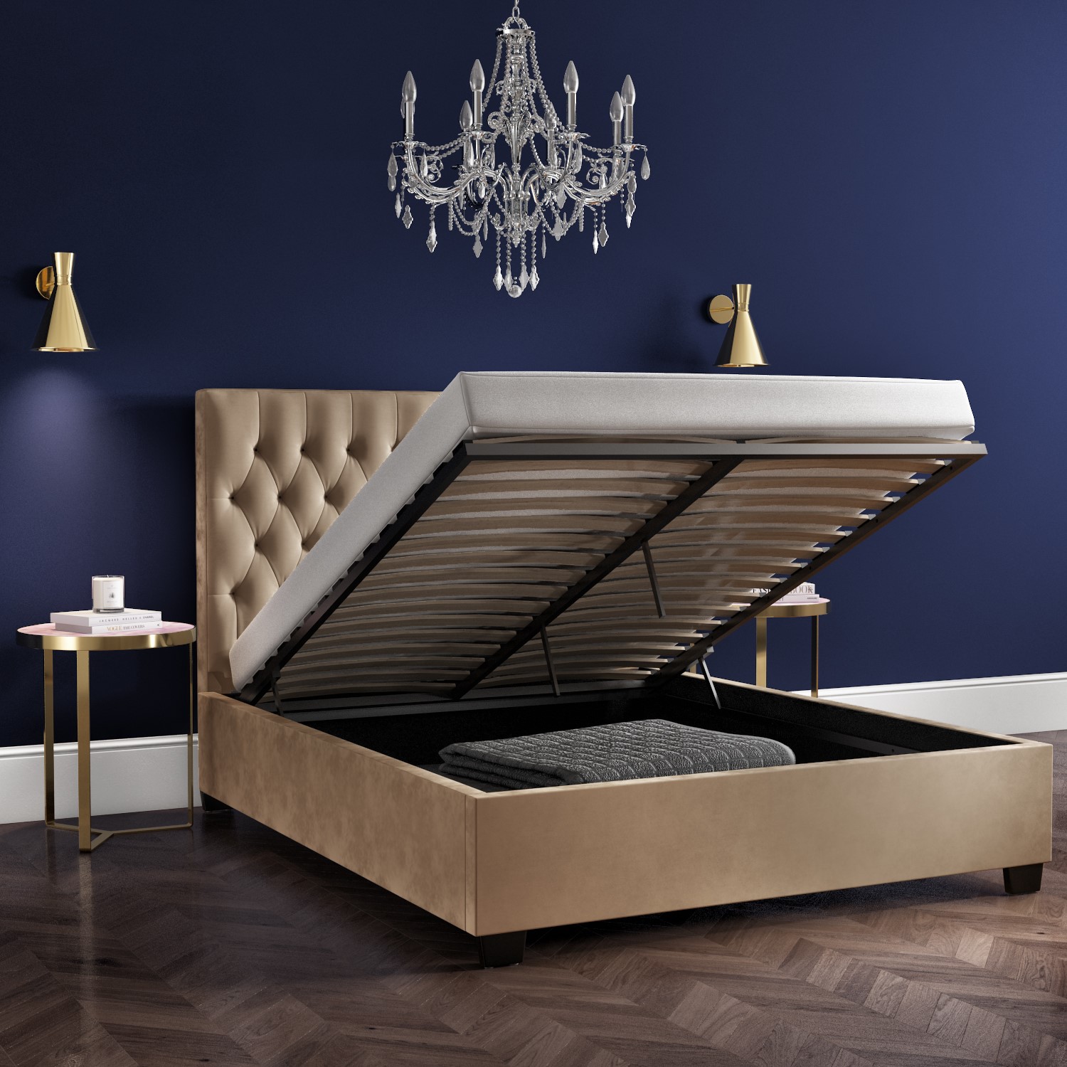 Read more about Beige velvet king size ottoman bed with chesterfield headboard safina